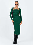 Long sleeve midi dress Ribbed material Square neckline Lace up fastening at back Low back Leg slit  Good stretch Unlined 