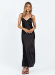 Black maxi dress Silky material Adjustable shoulder straps V-neckline Invisible zip fastening at side Low back Front slit