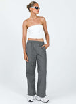 Grey parachute pants Elasticated waistband Twin hip pockets Faux back pockets Drawstring cuffs