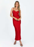 Red maxi dress Silky material Adjustable shoulder straps Sweetheart neckline Wired cups Hook fastening at back Invisible zip fastening at side