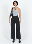 Pants High rise Belt looped waist Zip and button fastening  Four pocket design Tie fastening at side Wide leg 