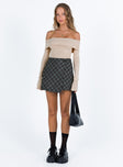 Navy mini skirt Plaid print Wrap style with button fastening at front Invisible zip fastening at side