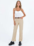 Beige pants Corduroy material Belt looped waist Zip and button fastening Classic five-pocket design Embroidered design at back Straight leg