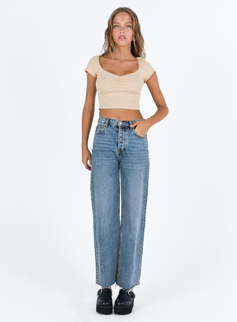 Crop top Scooped neckline Pinched detail at bust Good stretch Unlined