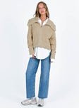 Beige sweater Knit material Oversized collar Zip fastening at front Good stretch Unlined 