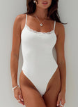 Bodysuit Adjustable shoulder straps, lace trim, high cut leg, g-string style button press clip fastening Good stretch, fully lined 