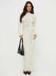 Long sleeve maxi dress Wide neckline, low back, flared sleeves, high leg slit Good stretch, unlined, sheer