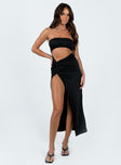 Strapless maxi dress Inner silicone strip at bust Cut out at front Knot detail High leg slit