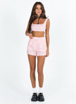 Matching set Crop top Fixed straps Invisible zip fasting at side High waisted shorts Belt loops at waist Zip and button fastening Subtle pleats at waist Twin hip pockets