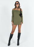 Long sleeve mini dress Folded neckline Off-the-shoulder design Good stretch Lined body