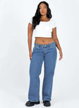 Jeans Low rise Dark wash denim Belt looped waist Zip & button fastening Classic five-pocket design Wide leg