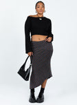 Midi skirt Sparkle material Asymmetrical lettuce edge hem Good stretch Partially lined