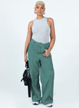 Green pants Cord material  Zip & button fastening  Belt looped waist  Four pocket design  Faux flap pockets on leg  Wide leg 