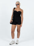 Strapless romper Ribbed knit material Inner silicone strip at bust Knot detail 