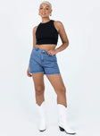 Denim shorts Mid-wash denim Belt looped waist Front button & zip fastening  Four pocket design Gold & silver-toned embellishments on back pockets Raw cut hem