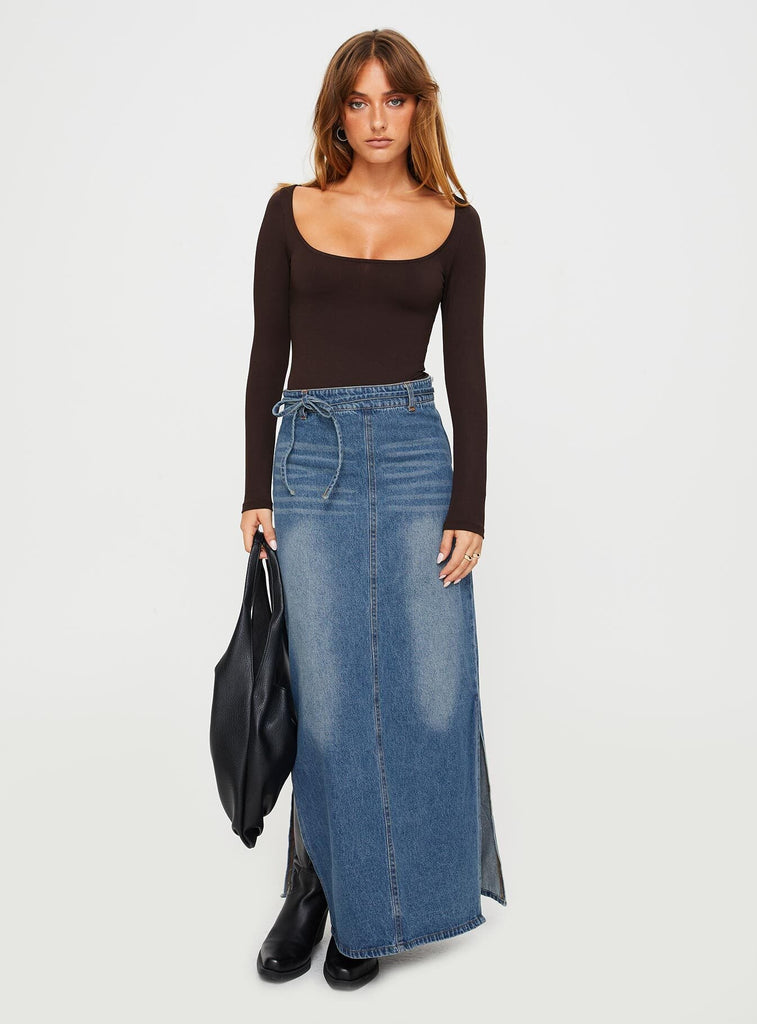 Brandee Tie Front Denim Maxi Skirt Mid Blue