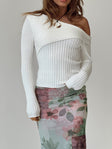 Sweater Ribbed knit material Cold shoulder design Folded neckline