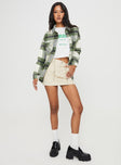 Plaid shacket Button front fastening, classic collar, single button cuff, twin chest pockets, curved hem