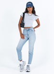 Jeans High rise Light wash denim Belt looped waist Zip and button fastening Classic five pocket design Slim leg 