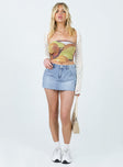 Mini skirt Light wash denim Low rise Belt looped waist Zip & button fastening Classic five-pocket design Raw edge hem