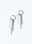 Earrings Silver toned Hoop design Stud fastening Pearl and diamante detail