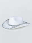 Cowboy hat 50% polyester 50% acrylic Faux felt material  Sequin rim & headband  Stiff curved brim  OSFM 