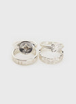 Silver toned ring set Four rings in set, all individually different, a diamonte detail on one ring Princess Polly Lower Impact