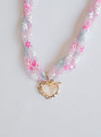 Necklace Fabric chain Floral print Heart drop pendant Gemstone detail Gold-toned