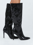 Boots Faux croc leather  Knee-high  Stilleto style heel Pointed toe  Padded inside 