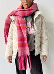 Pink scarf Soft material Plaid print Fringed edges Good stretch