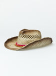 Cowboy hat Woven straw Curved wide brim  Internal adjustable drawstring Mouldable brim shape Bead detail