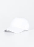 White cotton cap Adjustable strap at back Curved brim