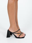 Heels Faux leather material Strappy upper Open squared toe Bevelled block heel Man made upper, lining and sole