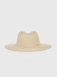 Woven hat  Wide brim, shell and bead strap detail, elasticated inner band