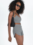 Grey matching set Crop top Adjustable shoulder straps Sweetheart neckline Bike shorts Thick elasticated waistband Good stretch Unlined