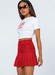 Red mini skirt Wide ruched waistband Frill hem