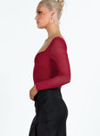 Long sleeve top Sheer mesh material Sweetheart neckline Slight ruching at bust Curved hem Good stretch Lined body