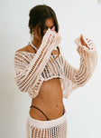 Cropped sweater Knit crochet material Scooped neckline Drop shoulder Sheer design Good stretch