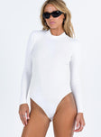 White long sleeve bodysuit High neckline Cheeky style bottom Press clip fastening  Good stretch