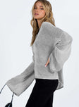 Grey sweater Sheer knit material V neckline Drop shoulder Rolled hem and cuff Good stretch Unlined 