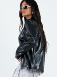 Oversized jacket Faux leather material Crew neck with button fastening Front zip fastening Twin front pockets with zip fastening Silver-toned hardware