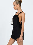 Black romper playsuit Linen look material  Elasticated halter neck tie fastening  Straight neckline  Frill trim  Low back 