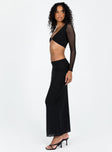 Matching set Kristen is wearing a size US 2 / AU 6 Mesh material Long sleeve crop top V-neckline Clasp fastening at front Maxi skirt Elasticated waistband  Good stretch Lined body