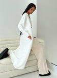 White cardigan Knit material Longline design Open front Ribbed cuffs Good stretch Unlined