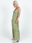 V-neck maxi dress Cross strap fastening at back, elasticated band at back, tiered skirt, invisible zip fastening at side