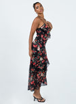 Maxi dress Floral print Adjustable shoulder straps Tie fastening at back Elasticated back Tiered ruffles Uneven hem