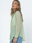 Green long sleeve shirt Sheer material Classic collar Button fastening at front Single button cuff