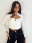 Long sleeve top Waffle material  Hook fastening at neck Cut out chest  Stitched bust 