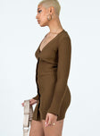 Brown long sleeve mini dress Ribbed knit material Plunging neckline Button front fastening