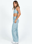 Matching set Linen material Crop top Fixed straps Invisible zip fasting at side High waisted pants Wide relaxed leg Belt loops at waist Zip and button fastening Lined top